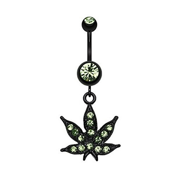 Blackline Cannabis Leaf Sparkle Belly Navel Button Ring Clear 14G